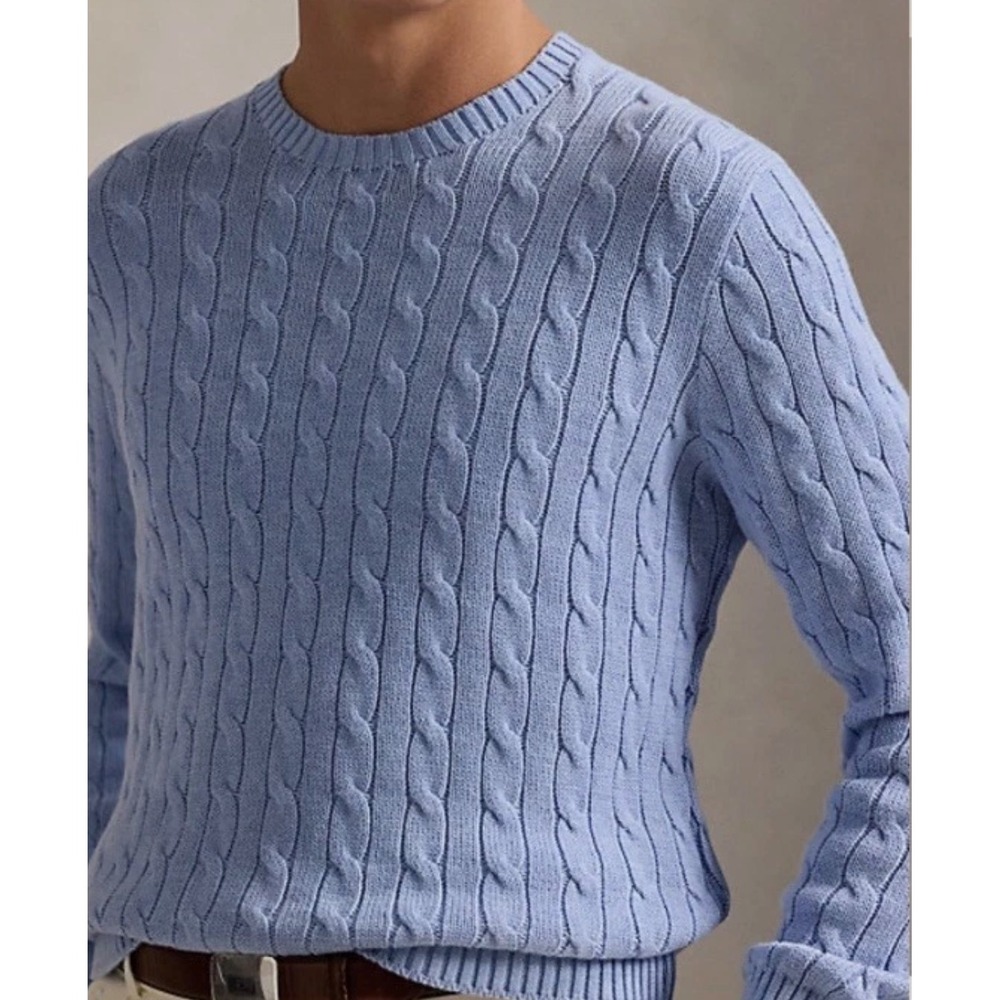 Polo Ralph Lauren Mens Sweater XXL Blue Cable Knit Crew Neck 100% Cotton Classic